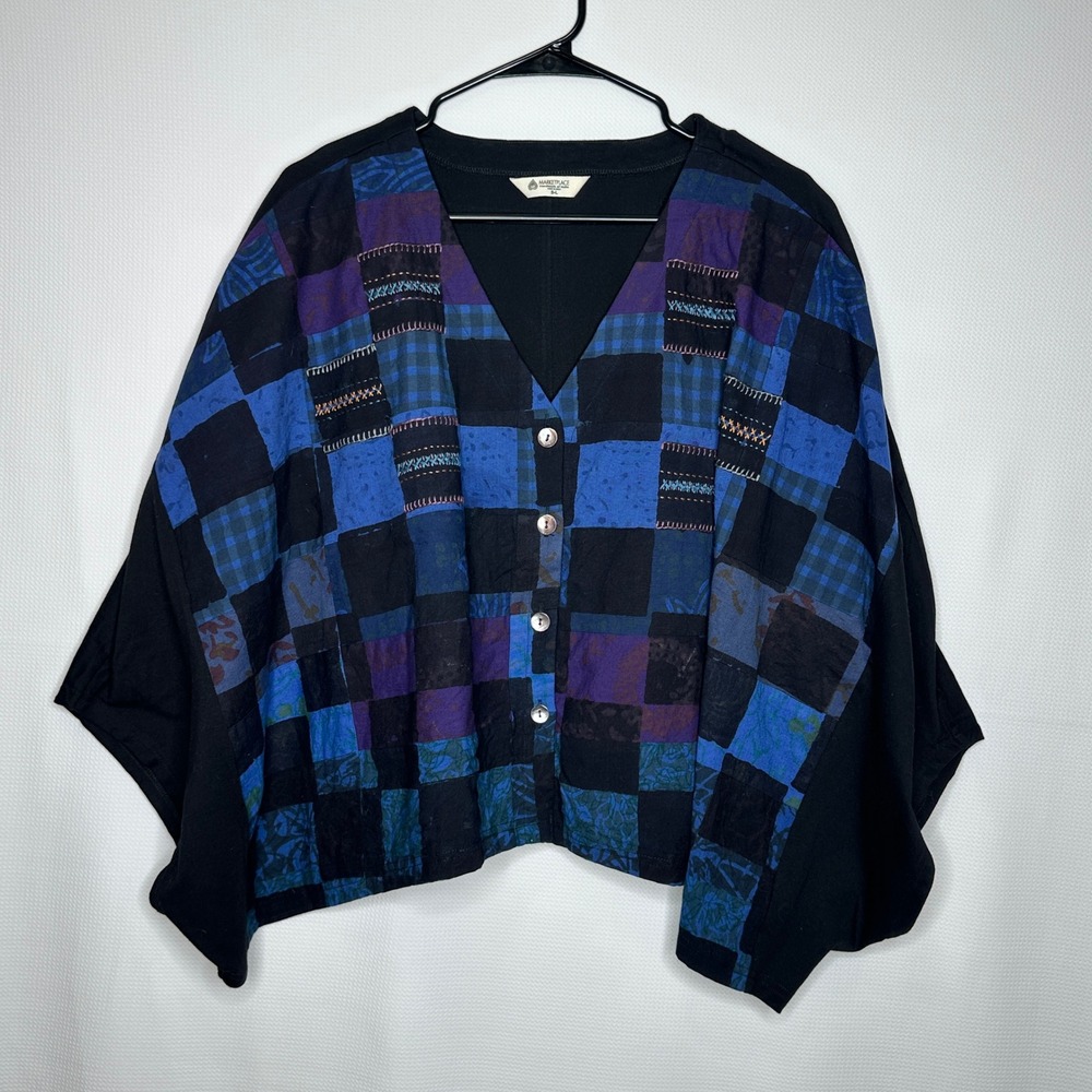 Marketplace Handwork of India Cardigan Patchwork Blue Black Cotton Boho S-L